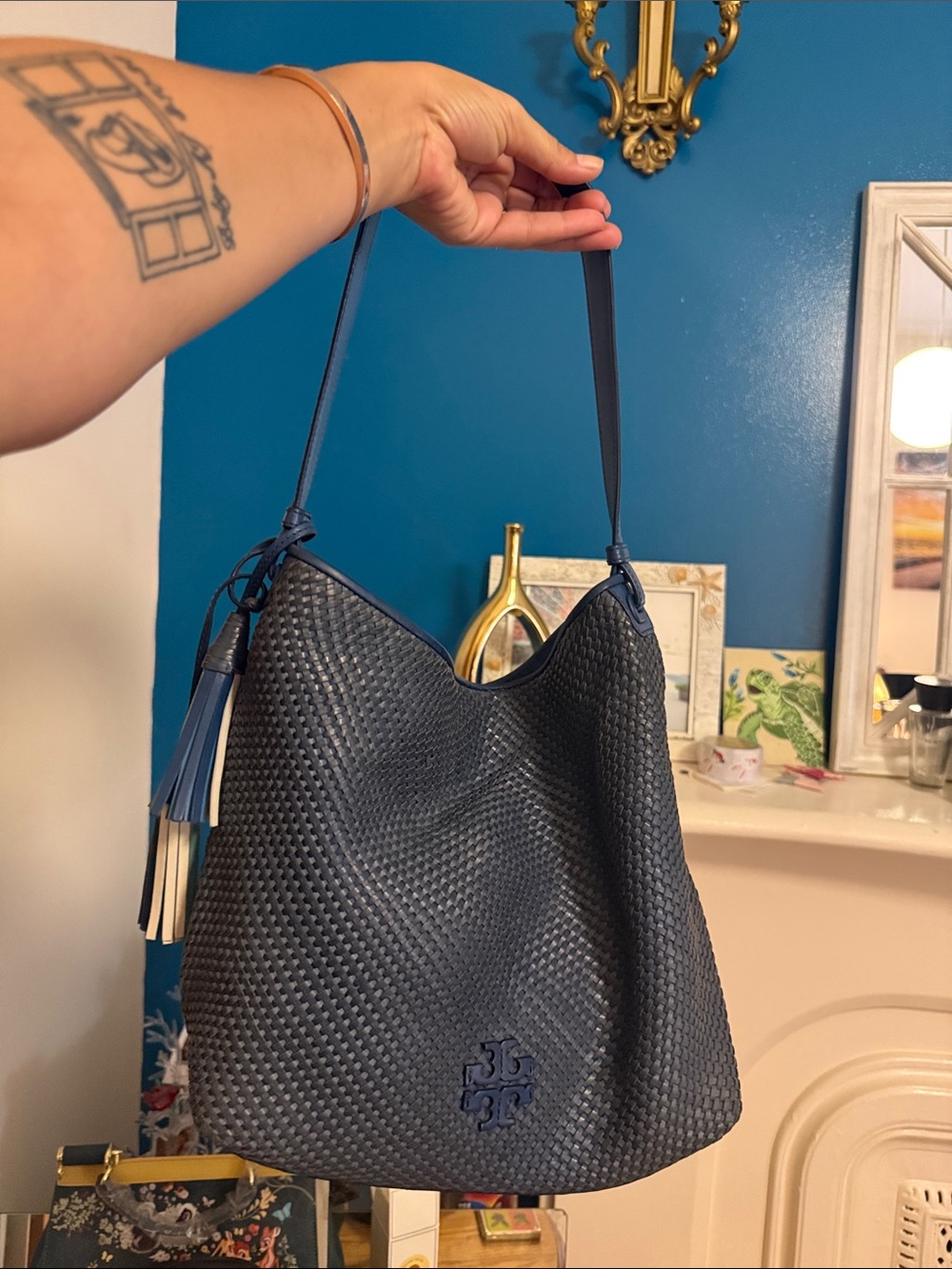 Tory Burch Navy Woven Hobo Shoulder Bag with Tassel